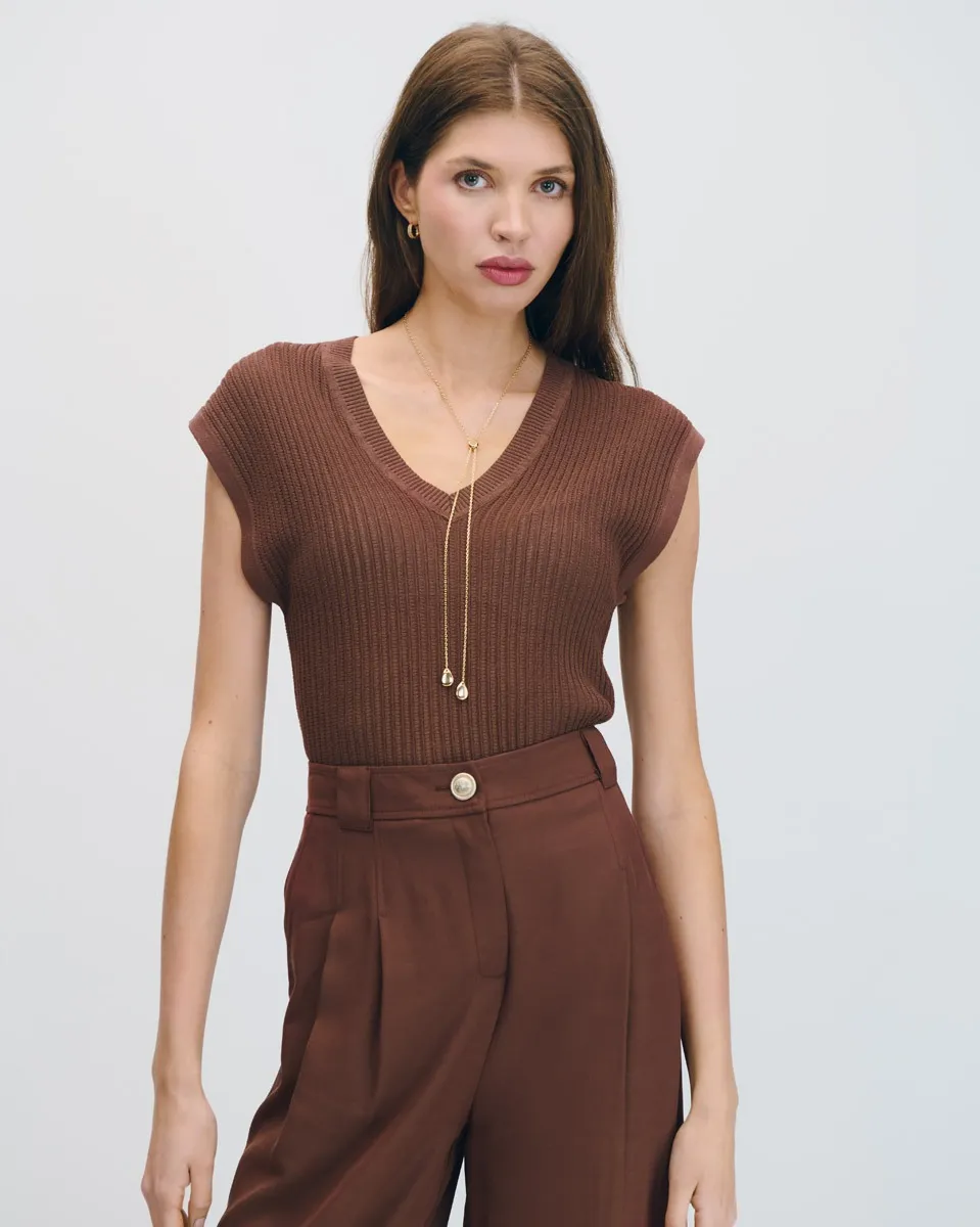 Chaleco Tejido De Punto Canalé Café Teja Manga Sisa  