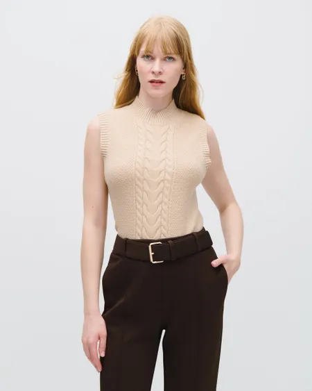 Chaleco Tejido Panal Combinado Beige Cuello Perkins