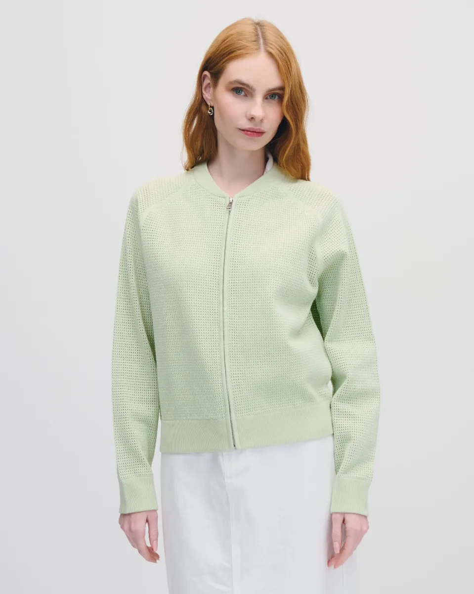 Chamarra Bomber Tejido Calado Verde Claro Manga Ranglan Detalle Canalé 