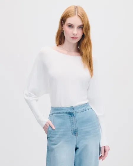 Suéter Blanco De Punto Tejido Ligero Combinado Escote Ojal Manga Dolman