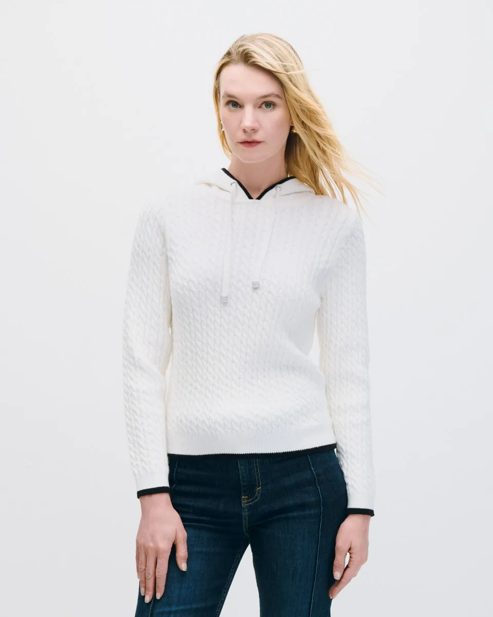 Suéter Blanco Tejido Trenzado Tipo Sudadera Ribetes En Contraste 