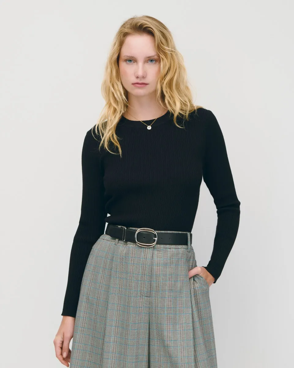 Suéter Negro Tejido Combinado Escote Redondo 
