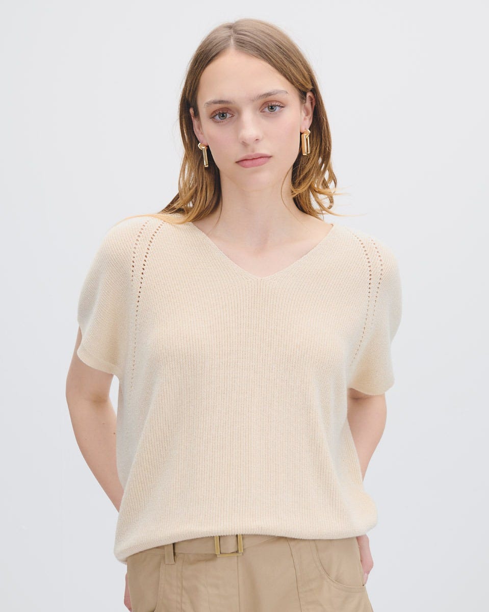 Suéter Tejido Combinado Champagne Con Lúrex Manga Dolman