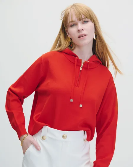 Suéter Tejido De Punto Tipo Sudadera Rojo Escarlata Capucha Interna