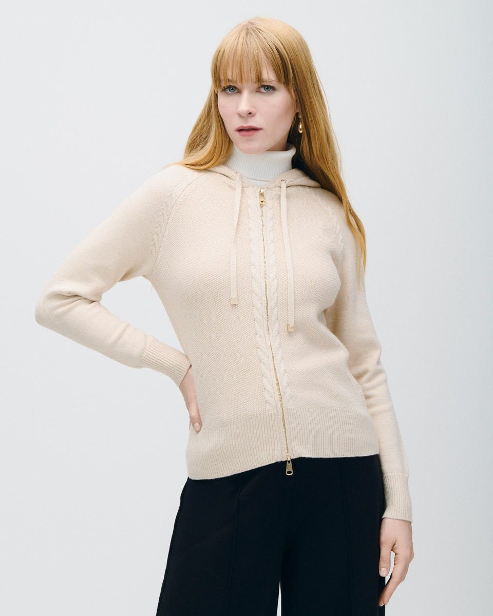 Suéter Tipo Sudadera Tejido Combinado Yeso Detalles Trenzados