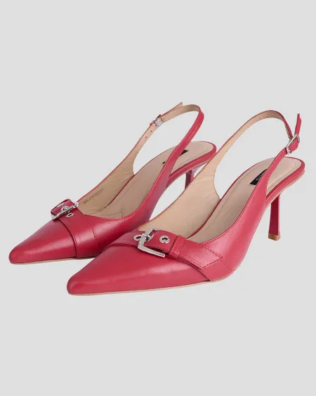 Zapatilla De Piel Roja Slingback Con Hebilla