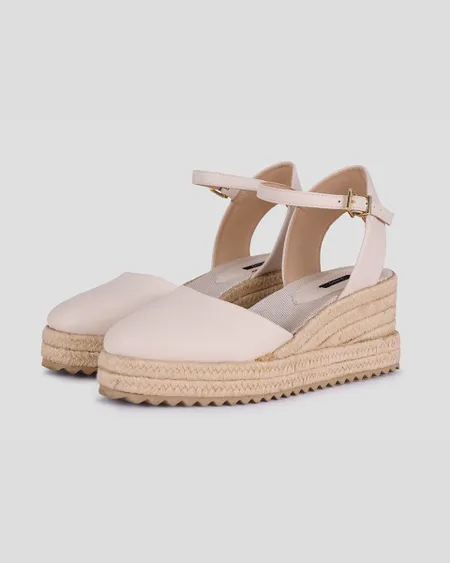 Alpargatas De Piel Granulada Crema Plataforma De Yute