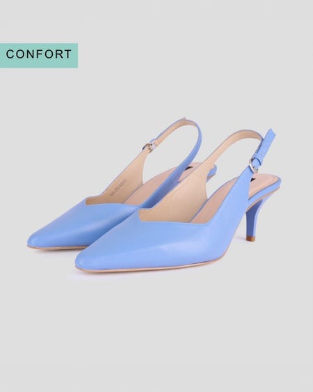 Zapatilla De Piel Kitten Slingback Azul Aura
