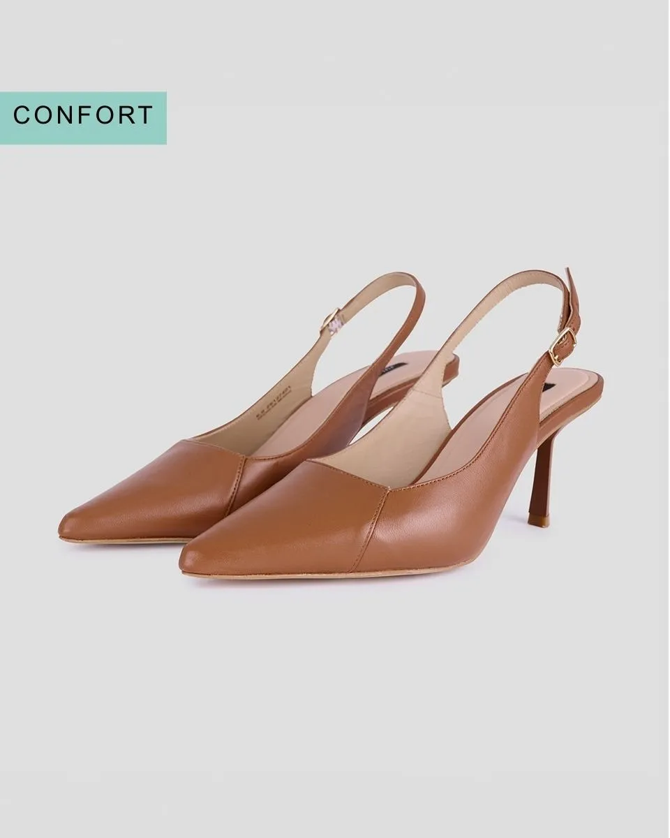 Zapatilla De Piel  Slingback Caramelo Con Puntera 