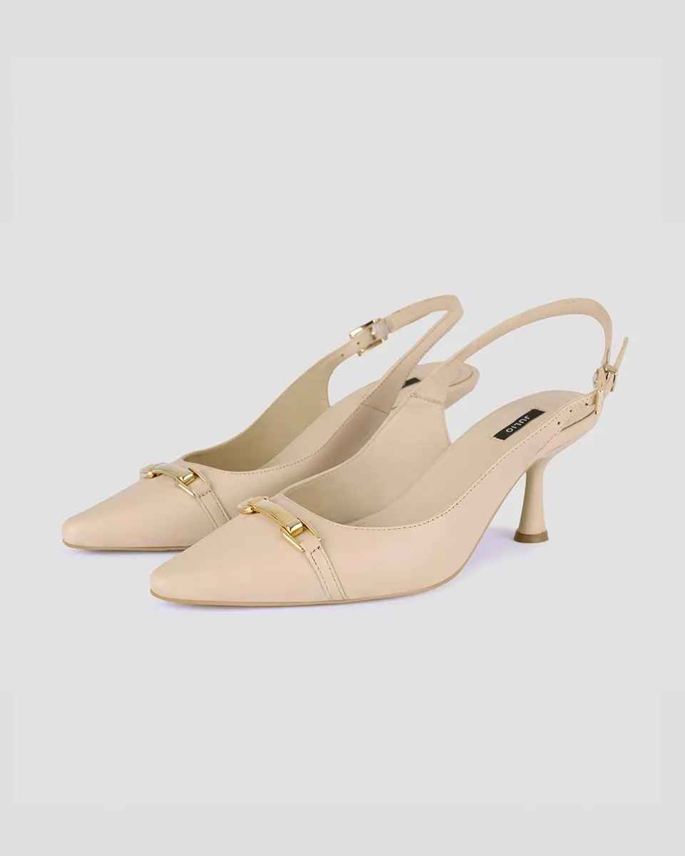 Zapatilla Slingback De Piel Nude Kitten Acampanado Y Hebilla