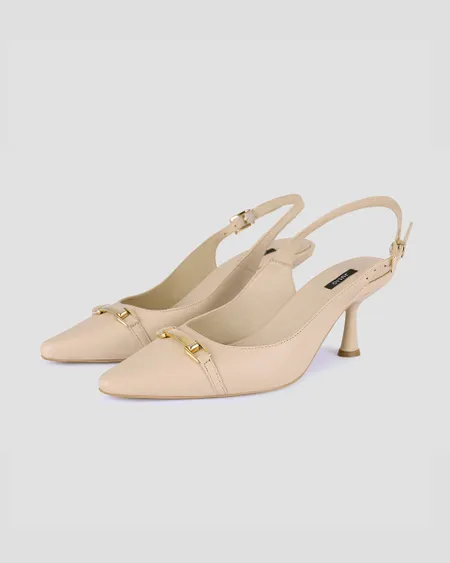 Zapatilla Slingback De Piel Nude Kitten Acampanado Y Hebilla